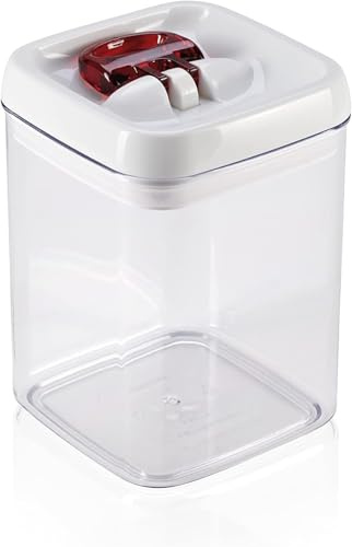 Leifheit Tarro Fresh&Easy 1,6 L cuadrado, tarro hermético con sistema de apertura con una mano, recipiente para alimentos, tarro apilable