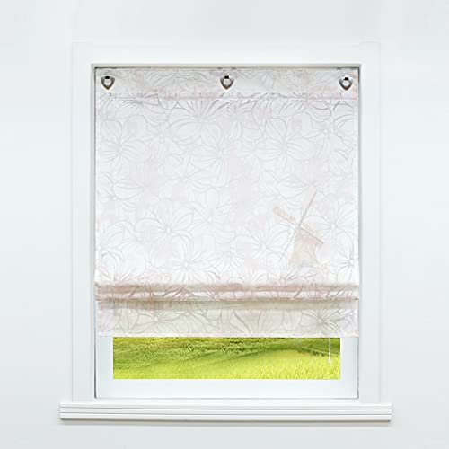 CORLIF Küche Raffrollo ohne Bohren Raffgardinen mit Ösen Gardinen Halbtransparent Ösenrollo Ausbrenner Muster Weiß #1 BxH 80x140 cm 1 Stück