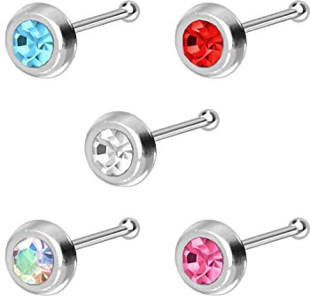 PIERCINGLINE 5er SET 925er STERLING SILBER Nasenpiercing RUNDER KRISTALL Piercing Nase Stecker hellblau hellrot kristallklar regenbogen rosa