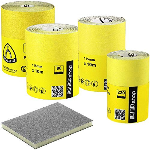 MatMax set of: 60G (Caorse) + 80G (Medium) + 120G (Fine) + 220G (Very Fine) Klingspor (Germany) Aluminium Oxide Sandpaper Rolls - 4x10m + Flexible Foam Sanding Pad