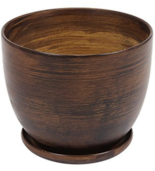 Ekoceramika Keramik Blumentopf D 190 mm Schale Holz Dekor Pflanzschale inkl. Untersetzer