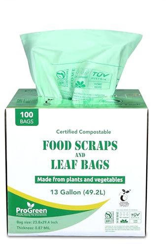 ProGreen Compostable Trash Bags, Extra Thick, Compost Kitchen Bin Bags, Food Scraps Yard Waste Bags, ASTM D6400 BPI and TÜV AUSTRIA Certified (13 Gallon, Pack of 100)
