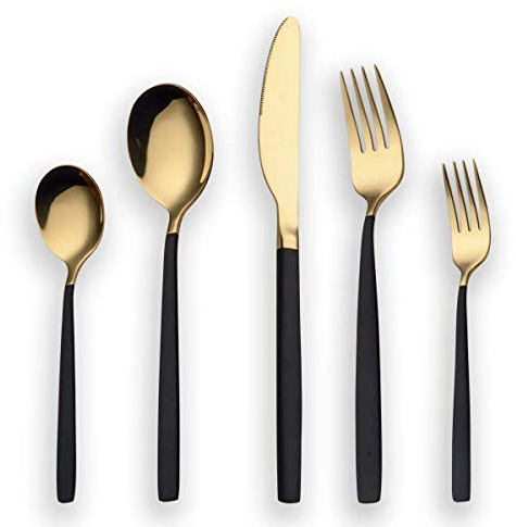 Berglander Juego de cubiertos mixtos 30 piezas, mango negro, boca dorada para 6