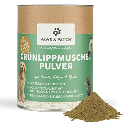 Paws&Patch reines GRÜNLIPPMUSCHEL Pulver für Hunde, Katzen & Pferde 150g plastikfrei I Vollfett-Qualität mit GAGs & Omega-3 I 100% Muschelfleisch perna Canaliculus