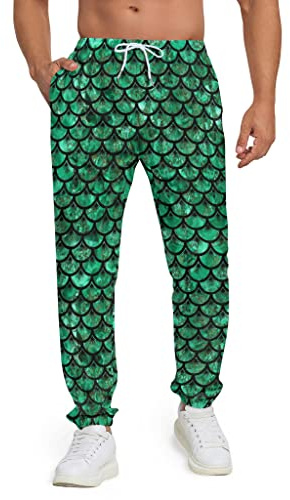 Halloween Green Fish Scales Pants Mens King Costume Sweatpants Jogger Pants Printed Sportswear Halloween Costumes Outfits