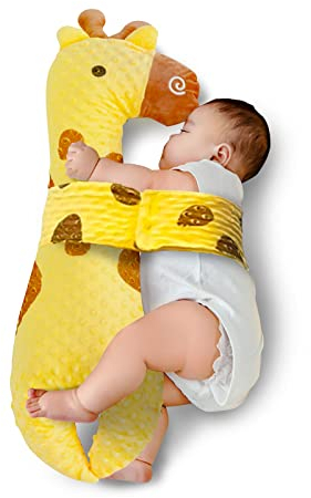 YJZQ Oreiller pour bébé avec Ceinture Oreiller Anti-Rouler Bébé Oreille Barre de lit Fille Garçon Doudou Aide Sommeil Coussin de Girafe Calmer Nouveau-né Coussin Latéral Mollet Jaune 80x25CM