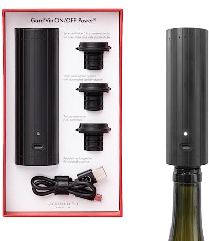 L’ATELIER DU VIN – Elektrische Weinpumpe Gard’Vin On/Off Power + 3 Stopfen – Bewahrt die Aromen Ihrer geöffneten Flaschen
