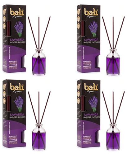 Pack de 4 Bali Fragancias Ambientador Mikado Lavanda Difusor con Varillas de Ratán para tu Salón, Comedor o Cualquier Estancia de tu Hogar, Fragancias Seleccionadas, Aromaterapia, Perfumado (30 ml)