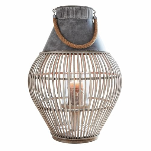 Loberon Laterne Luitré, Angesagter Boho-Style, handgefertigtes Design, Robustes Aufhängeseil aus Jute, Outdoorlaterne, Zink, Glas, Bambus, braun/grau