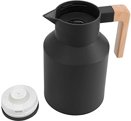 1L Thermal Coffee Carafe, Insulated Vacuum Kettle for Home Office (Black) | Wood Handle, Double Wall Vacuum Heat Retention, Hot Cold Drink Flask