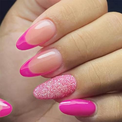 24pcs Short Almond False Pink Tip Stick on Nails - Pink Glitter Glue-on Full Cover Press on Nails - Removable Fake Acrylic Nails - Women Girls Nail Art Accessories
