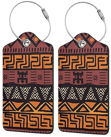 Afrikanischer Schlamm-Tuch Tribal Gepäckanhänger PU-Leder Kofferanhänger mit Edelstahlschlaufe und Namensausweis für Koffer Reisetasche