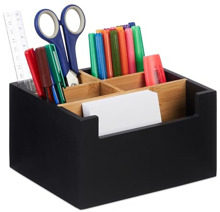 Relaxdays Schreibtisch Organizer, Bambus, 5 Fächer, für Bürobedarf & Kosmetik, Stiftebox, HBT: 9,5 x 18 x 15 cm, schwarz