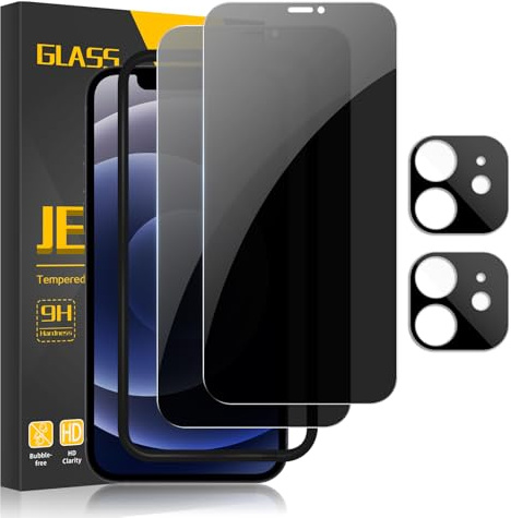 JEHOO for iPhone 12 Privacy Screen Protector 6.1-inch, 2 Pack Anti-Spy 9H Tempered Glass Film and 2 Pack Camera Lens Protector, Touch Sensitive, Bubble Free with Easy Installation Frame