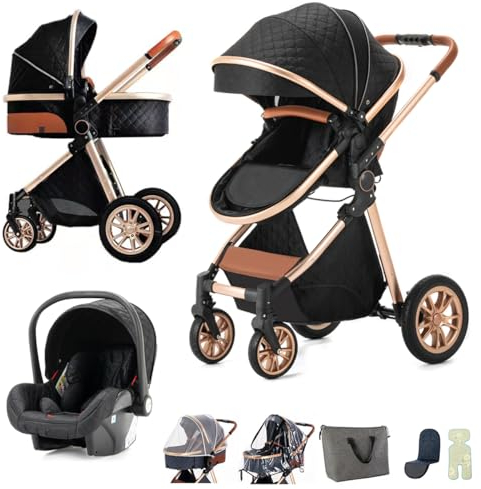 BEBBY 3-in-1 Kinderwagen KombiKinderwagen-Set 2-in-1 Buggy faltbar Luxus Hochlandschaft Neugeborenes Tragbarer Zusammenklappbarer Kinderwagen Travel System (Blackgold, H2)