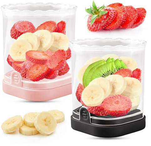 Cortador de frutas, cortador de fresas, cortador de plátano, cortador de uva, cortador de huevos, cortador de frutas desmontable con placa de empuje, accesorio creativo de cocina (negro + rosa)