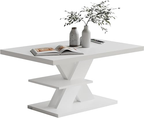 CASARIA Detroit Modern White Wood Coffee Table with Storage Shelf 90x60 cm