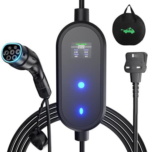 EV Charger Type 2 Charging Cable 8M UK 3 Pin Plug 2.3 kW KEYSAFER 6/7/8/9/10A Adjustable Electric Car Charger with Digital Display IP67 Waterproof and Carrying Bag