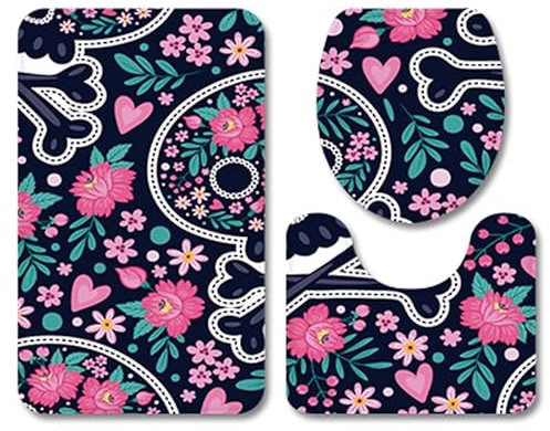Bad Teppiche Set 3-Teiliges Rosa Herzblume WC Vorleger Mit Ausschnitt Badematte Saugfähig WC Deckelbezug Badvorleger rutschfest Waschbar Toilettensitzbezug Badgarnitur (50x80cm)