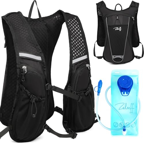 Zelnff Sac à dos d'hydratation avec poche à eau 2 l, pour course à pied, marathon, jogging, cyclisme, Noir