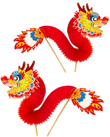 Bohue Lot de 2 grandes marionnettes de dragon chinoises en papier sur bâtons – Marionnette dragon en papier 3D pour le Nouvel An chinois – Bricolage extensible Nouvel An Artisanat