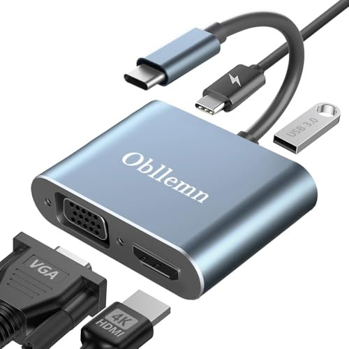 Obllemn Adattatore USB C a HDMI VGA, 4 K a 30 Hz 4 in 1 USB C multiporta adattatore Thunderbolt 3 a HDMI VGA con USB 3.0 Porta dati,PD 100 W porta, A-dattatore U SB C a V-GA per MacBook Pro/Air