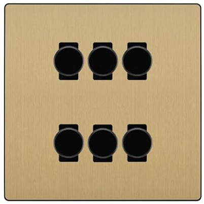 BG Evolve Satin Brass 6 Gang Trailing Edge LED Dimmer Custom Grid Switch