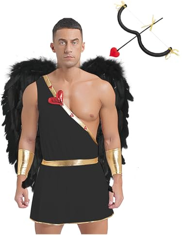 YiZYiF Herren Kostüm Amo Pfeil Und Bogen Engel Federflügel Overall Gott Der Liebe Valentinstag Karneval Kostüm Mottoparty Outfit Schwarz L