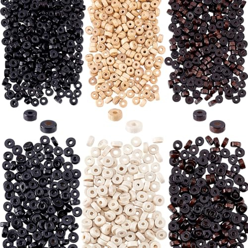 PH PandaHall 2400pcs Perles Rondes Plates en Bois 3 Couleurs Disques en Bois Brut Jaune/Marron/Noir pour Collier Bracelet Artisanat Maison 8mm/6mm