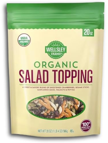 Wellsley Farms USDA Organic Salad Topping Mix, XL 20 oz. (resealable bag) Blend of Cranberries, Sesame Sticks, Sunflower Seeds, Walnuts and Pepitas. Snack and Salads.