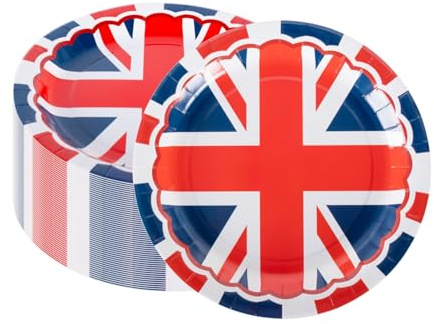 CEILIWEN Platos de papel con la bandera británica de 23 cm (50 unidades) para fiestas, barbacoas, eventos deportivos y celebraciones reales, decoraciones patrióticas de vajilla (platos de 50 x 9