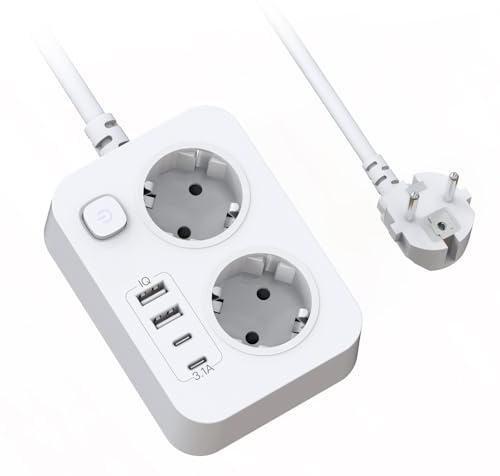 Multiprise 2 Prises avec USB, Rallonge Electrique Multiprise Plate Murale avec Interrupteur, Portable Bloc Prise Multiple avec Protection Surtension et Cable 1.8m pour Bureau Maison Voyage, Blanche
