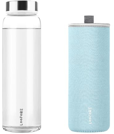 LOOFORE Glass Water Bottle 1L 1000ml, BPA-Free Leak Proof, 1 Litre Large Borosilicate Wide Mouth Glass Drinking Bottles with Protective Sleeves for Sports and Gym with Hot Cold Drinks, Light Blue