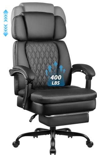 LEMBERI 400lbs Executive Office Chair with Foot Rest, Ergonomic Heavy Duty Big and Tall Desk Chair with Adjustable Headrest, High Back PU Leather Comfy Computer Chairs for Long Hours (Black)