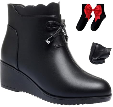 Bottines orthopédiques à lacets en cuir véritable pour femme, bottes d'hiver chaudes avec fermeture éclair latérale et doublure en fourrure, Cale noire, 35 EU