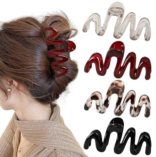 4 Stück Haarklammer Groß,Wellenform Haarklammern Groß,10.5x12 cm Claw Clip,Rutschfeste Haarspangen Damen,Vintage Einfache Haarklammer,für Frauen Mädchen Dickes Dünnes Langes Haar