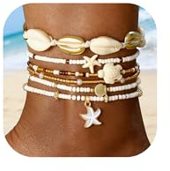 iF YOU Ankle Bracelet Set for Women, 14k Gold Waterproof Seashell Pearl Heart Starfish Conch Link Chain Anklets Set, Boho Bead Layered Anklet Bracelets for Women Beach Gift 6pc (gold-01)