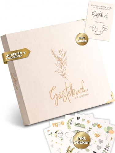 Gästebuch Hochzeit mit Fragen & Blanko – Hochzeitsgästebuch beige Leinen | Hochzeitsgeschenk & Erinnerungsbuch mit Goldecken, Fotofach, Ringbindung, Aufsteller & Sticker – 70 Gäste zum Ausfüllen
