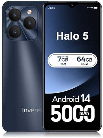 invens Halo 5 Mobile Phones Unlocked Smartphone Android 14 with 5000mAh Battery,6.52''HD+ Display,7GB+64GB/256GB,8MP+16MP Camera, 4G Dual Sim/Fingerprint/Face ID/GPS-Navy Blue