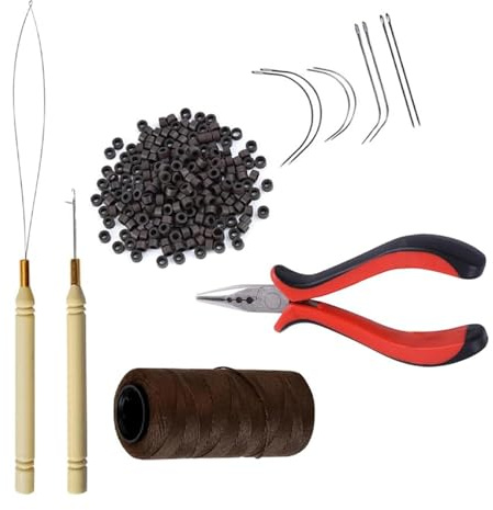 Hair Extensions Tool Kit, 200 Pcs Silicone Lined Micro Ring Links Beads with Three Hole Hair Extension Pliers, Loop Needle Threader, Pulling Hook and Sewing Needles, Deep Brown