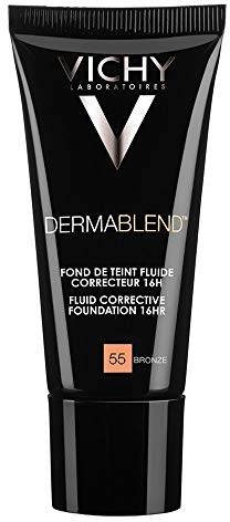 Vichy Dermablend, Teint-korrigierendes Make-up, Foundation bei empfindlicher und unreiner Haut, Ohne Maskeneffekt, Parfümfrei, Farbton: 55 bronze, 30 ml