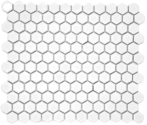 Tenedos 1-Inch White Glossy Hexagon Porcelain Mosaic Tile for Bathroom Wall, Kitchen Backsplash, Shower Floor, and Decorative Accent Walls - 1 Sheet