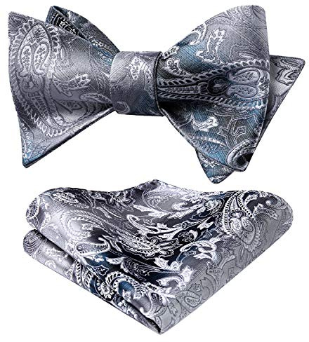 HISDERN Herren Fliege Grau Verstellbare Fliegen und Einstecktuch Set Paisley Selbstgebundene für Bräutigam Hochzeit Party Fasching Smoking