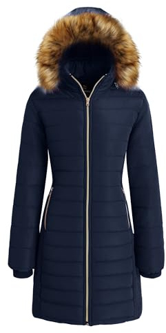 Wantdo Women's Winter Warm Puffer Coat Water Resistant Outdoor Jacket Cotton Padded Jackets Faux Fur Hood Coats Blue L