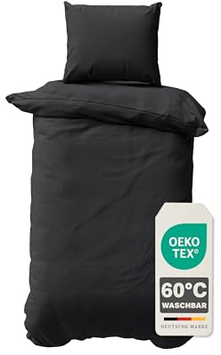 Müskaan Renforcé Bettwäsche 135x200 cm Baumwolle, Schwarz – Bettbezug Set 2 teilig mit Kissenbezug 80x80, 100% Baumwolle Atmungsaktiv, Deckenbezug mit Reißverschluss, Bettwäsche Allergiker geeignet