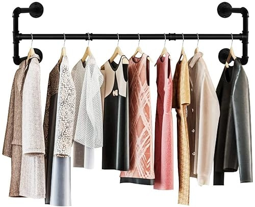Urban Deco Clothes Rail Wall Mounted Industrial Pipe Clothes Rack For Bedroom Heavy Duty Detachable Wardrobe Rail 112cm Vintage Iron Garment Bar With 4 Base (Holds Up To 132LB)