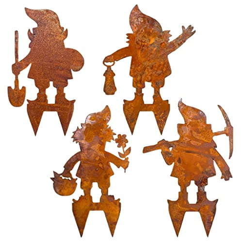 Lot de 4 nains de jardin GNOME - 38 x 26 cm - Décoration de jardin - Rouille - Décoration en métal rouillé - Pour le jardin, le balcon