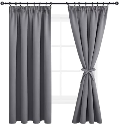 DWCN Dicke Thermovorhänge Gardinen Verdunkelungsvorhänge mit Kräuselband mit Vorhang-Krawatten, 200x140cm(HöhexBreite), Grau, 2er Set