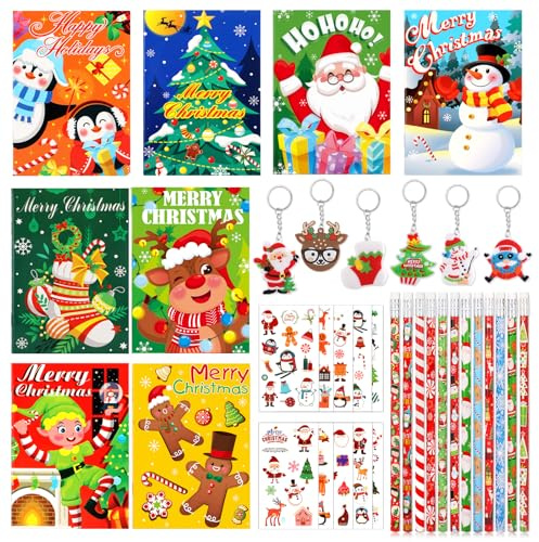 HOWAF Mitgebsel Weihnachten Kinder, Mini Notizbuch Weihnachten Notizblock Weihnachten Bleistifte Weihnachten Tattoos Weihnachten Schlüsselanhänger Weihnachten Kleinigkeiten