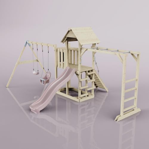 Rebo Klettergerüst aus Holz mit Wellenrutsche | Outdoor Spielturm mit Kinderschaukel, Babyschaukel, Hangelstangen, Plattform und Kletterseil